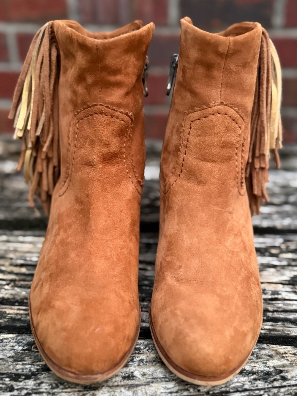SAM EDELMAN Louie Womens Sz 8 Suede Leather Western Fringe Zip Up Ankle Boots X2